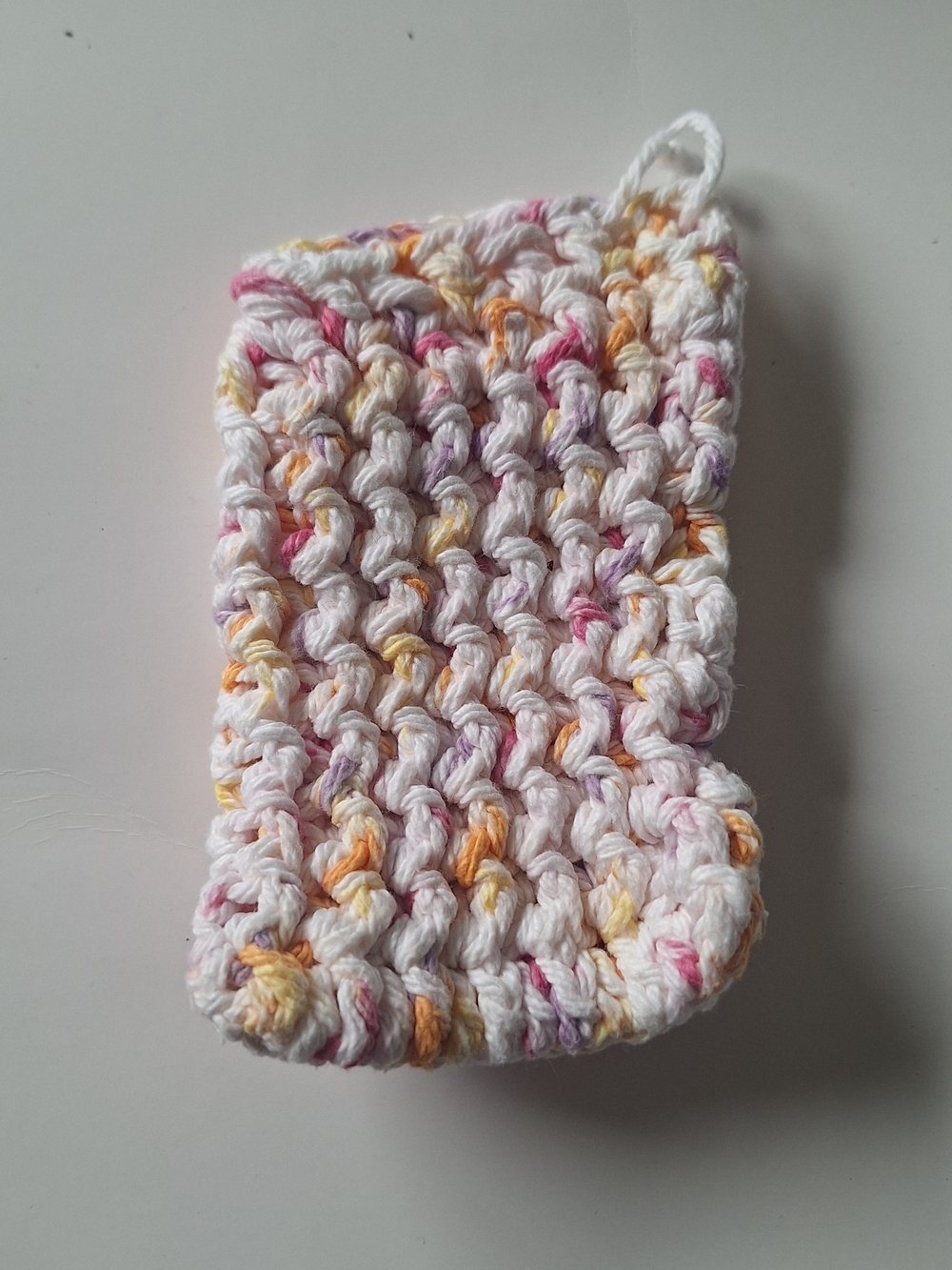 Handmade White Crochet Wash Cloth with Pastel Accents